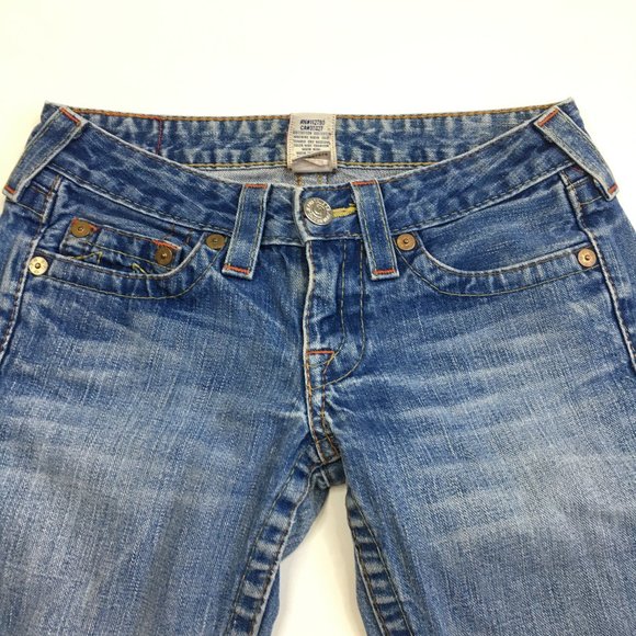 TRUE RELIGION Medium/Light Wash BOBBY 5 Pocket Logo Hardware Jeans - Picture 4 of 14